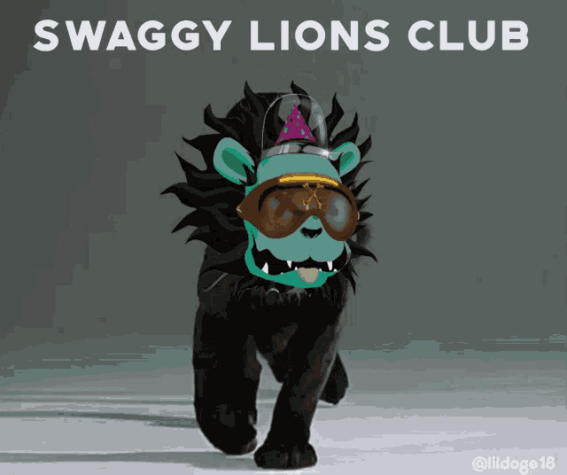 a cartoon of a lion wearing a party hat and goggles with the words swaggy lions club below it