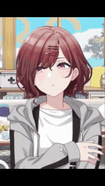 a girl with red hair is wearing a grey jacket and white shirt