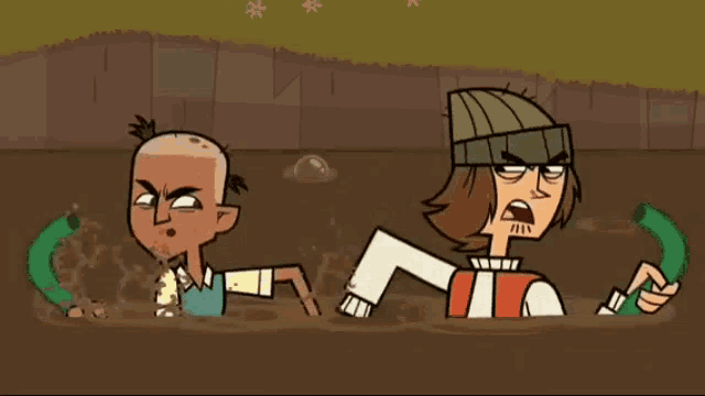 two cartoon characters are standing next to each other in a puddle