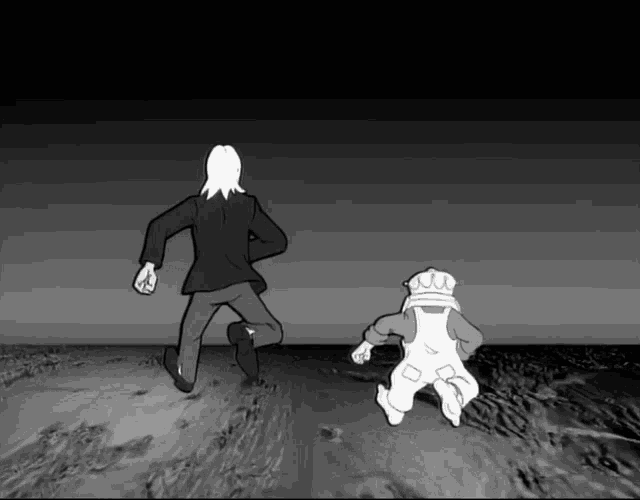 a black and white drawing of a man and child running