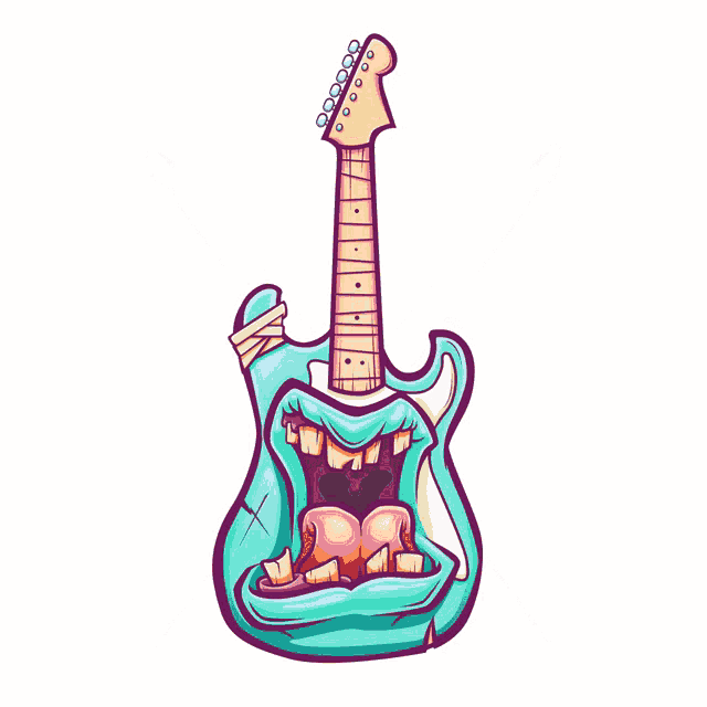a cartoon drawing of a guitar with its mouth open and drumsticks