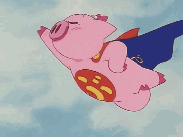a cartoon pig is flying through the air with a cape on