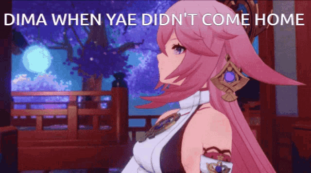 a pink haired anime character with the words dima when yae did n't come home above her