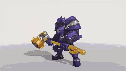 a purple robot is holding a yellow hammer