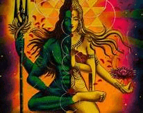 a painting of a man and a woman sitting next to each other with a trident .