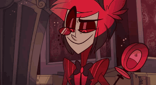 a cartoon character with red eyes and a bow tie is smiling