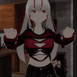 a girl with white hair and red eyes is wearing a red and black sweater