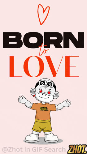 a cartoon character is surrounded by red hearts and the words born to love