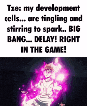 a cartoon character is surrounded by pink flames and says tze : my development cells