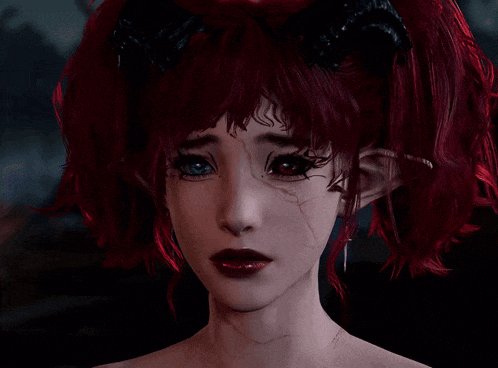 a woman with red hair and horns on her head has a scar on her face