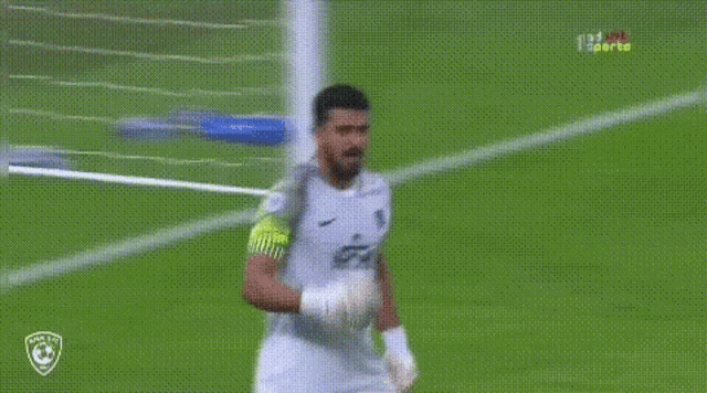 a soccer player is standing on a soccer field wearing gloves and a nike jersey .