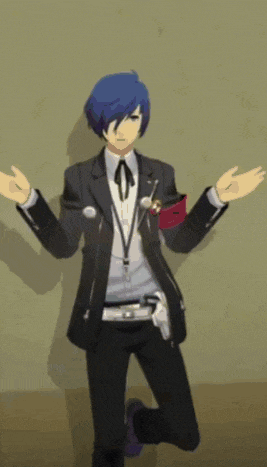 a man with blue hair is standing with his arms outstretched in front of a wall