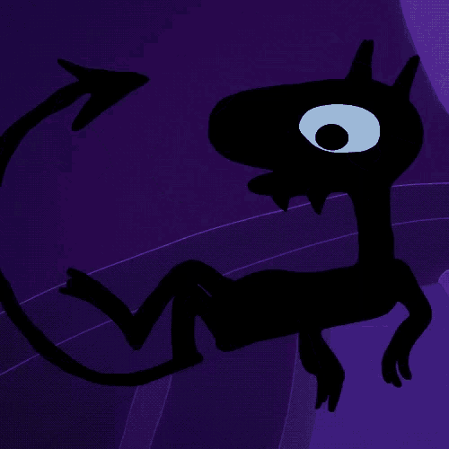 a purple background with a silhouette of a monster with a white eye