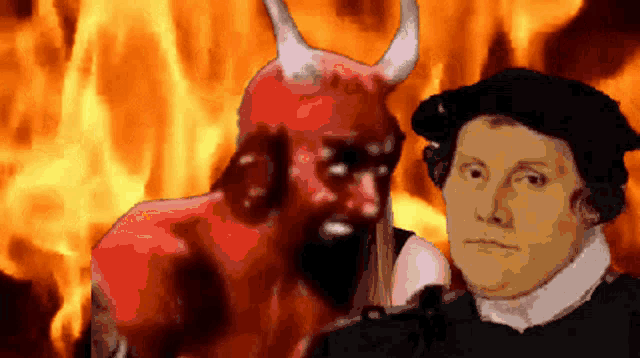 a devil with horns is standing next to a man in front of flames