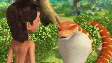 a cartoon of a boy and a snake talking to each other