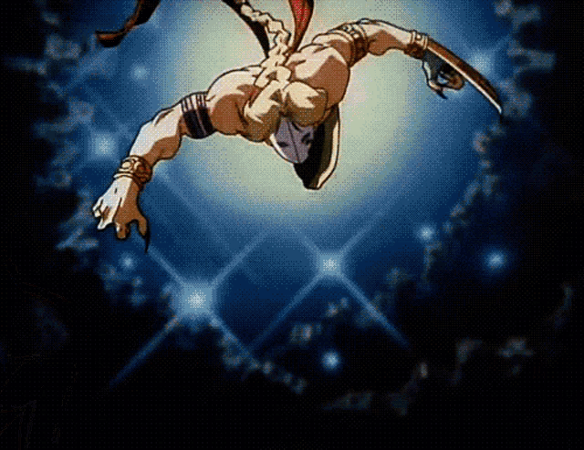 a cartoon character is flying through the air with a sword