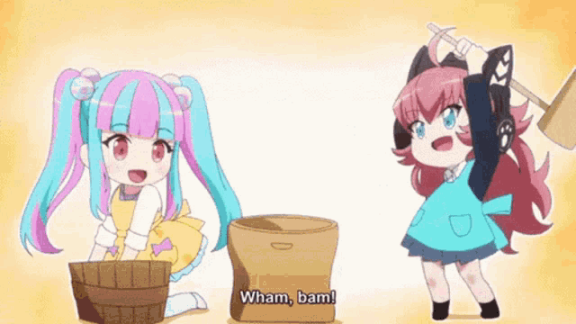 two anime girls are standing next to each other and one of them is holding a hammer and says wham bam