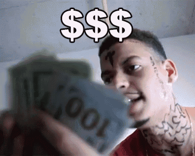 a man with a tattoo on his face is holding a bunch of money and says $$$$ .