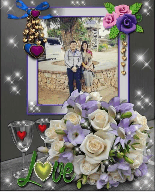 a picture of a man and woman in a frame with purple flowers and the word love