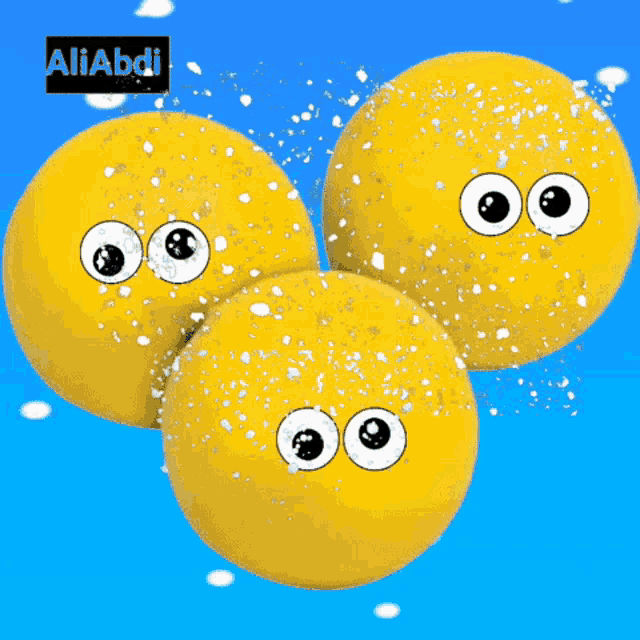 three yellow balls with googly eyes and the name aliabdi
