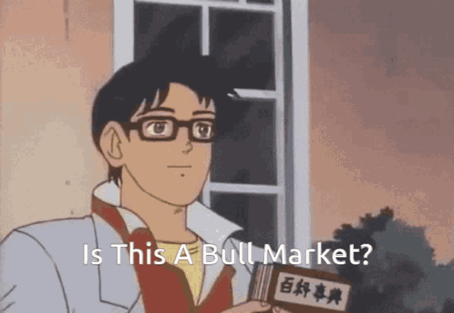 a man with glasses is holding a book and asking is this a bull market