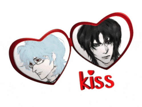 a couple of hearts with the word kiss in red