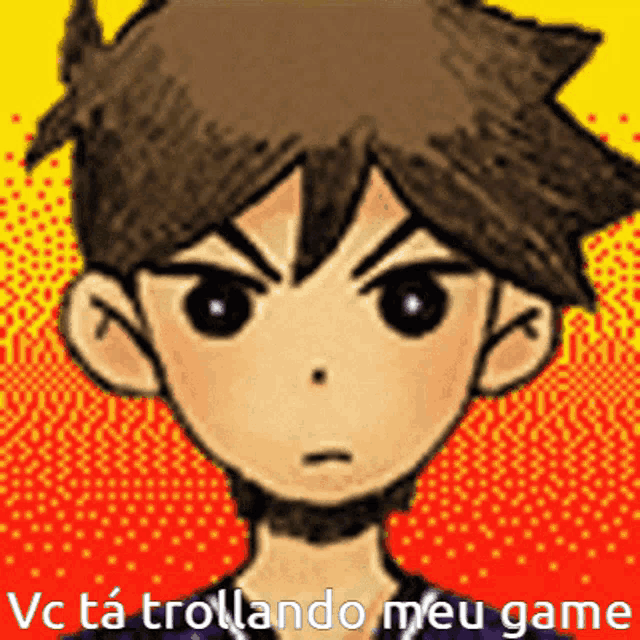 a drawing of a boy with the words " vc ta trollando meu game " on the bottom