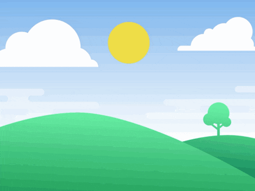 a cartoon illustration of a sunny day with a tree on a hill in the foreground