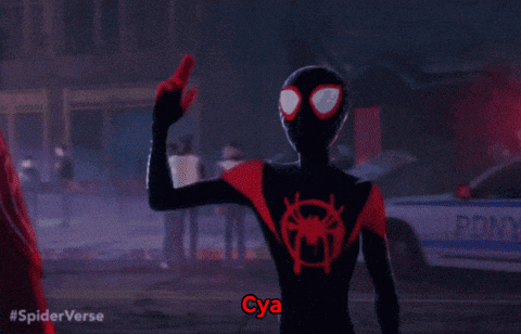 a man in a spiderman suit says cya in red letters