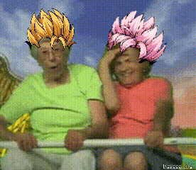 a couple of people riding a roller coaster with cartoon characters on their heads ..