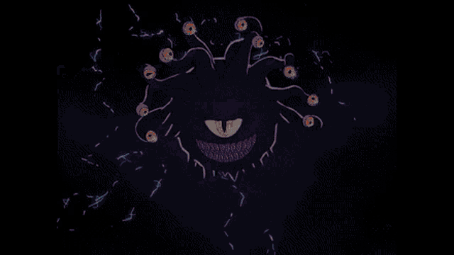 a cartoon drawing of a monster with many eyes and lightning coming out of it 's mouth .