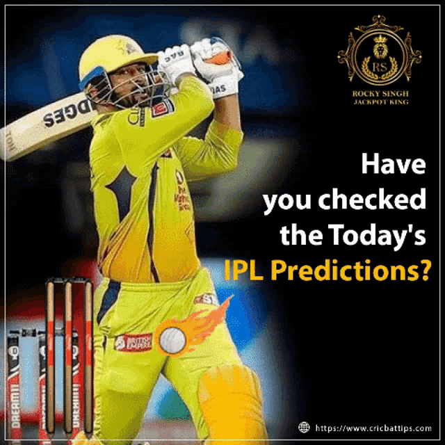 a cricket player is swinging a bat with the words have you checked the today 's ipl predictions on the bottom