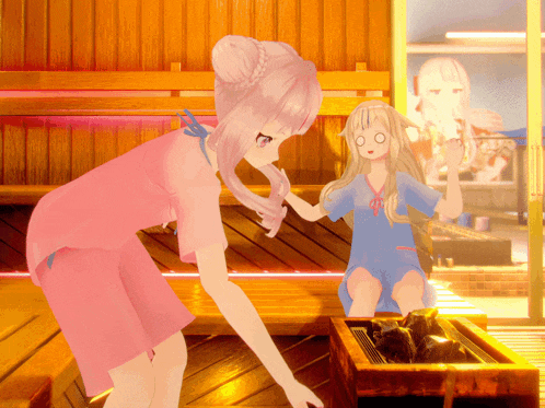 a girl in a pink dress is standing next to another girl in a blue shirt