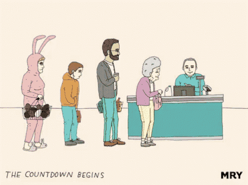 a cartoon of people waiting in line with the words the countdown begins