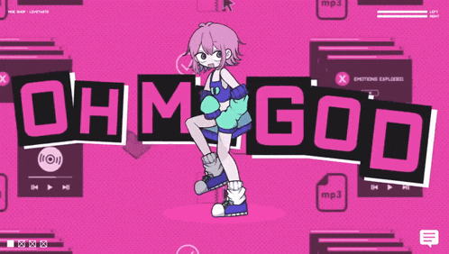 a cartoon girl is standing in front of a pink background that says oh my god