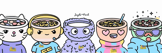 a group of cartoon characters with one wearing a shirt that says ' lucky charms ' on the front