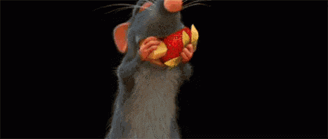 a cartoon rat is holding a piece of meat and a banana in its paws .