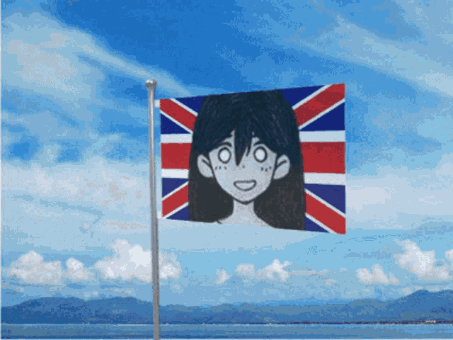 a flag with a girl 's face on it is flying in the wind