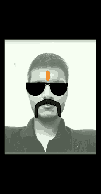 a man wearing sunglasses and a fake mustache has an orange dot on his forehead