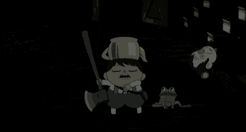 a cartoon boy is holding an axe and a frog is standing next to him in the dark .