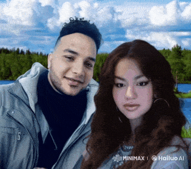 a man and a woman are posing for a picture with a background that says hailuo ai