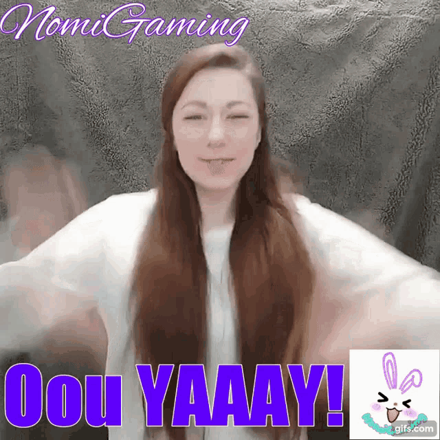 a woman with long hair says " ou yaaay " in purple