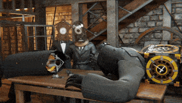 a man with a clock on his head sits at a desk