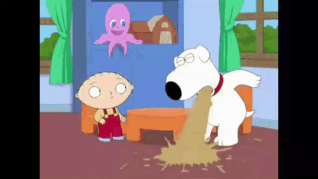 a cartoon of a dog vomiting in front of a little boy .