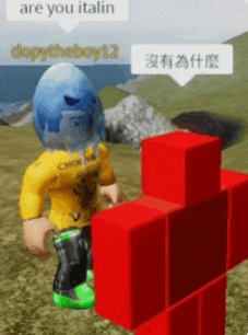 a person in a yellow shirt is standing next to a red block and says are you italian .