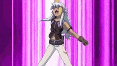 a cartoon character is standing in front of a purple background with his fist in the air .
