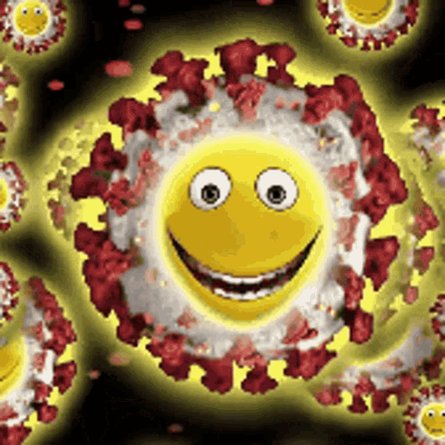 a yellow smiley face is surrounded by red and yellow bacteria