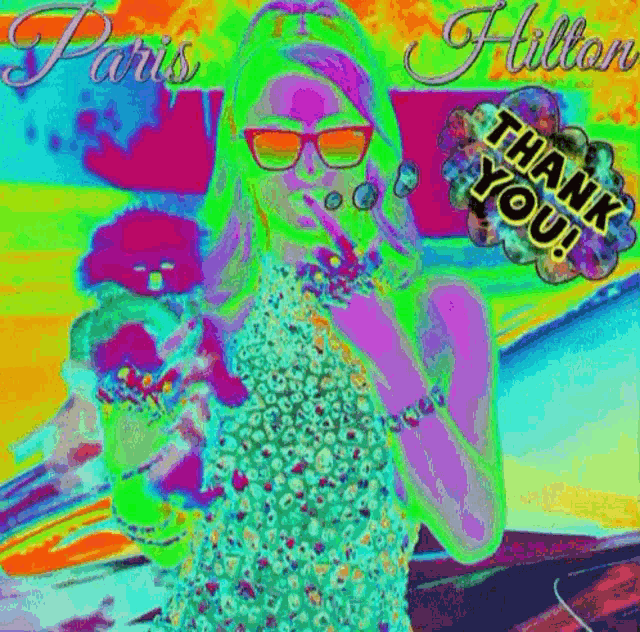 a colorful painting of paris hilton says thank you