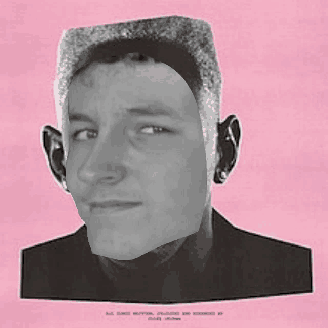 a black and white drawing of a man 's face with a pink background