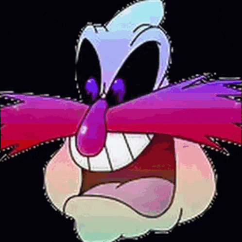 a close up of a cartoon character 's face with a purple tongue coming out of it .
